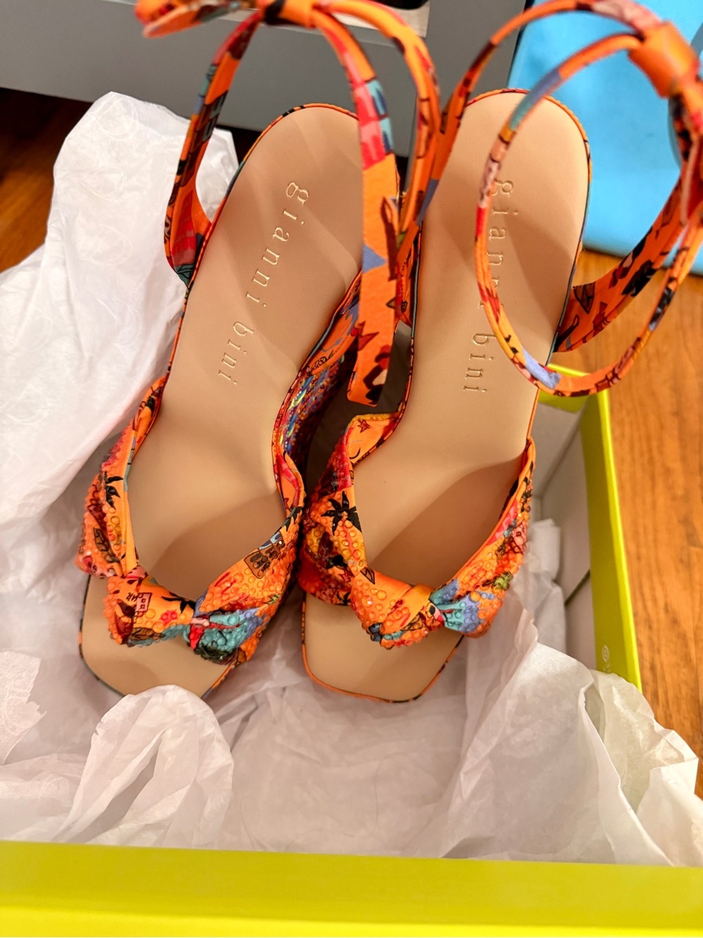 Gianni Bini Orange Multicolor Knotted Beaded Wedge Sandals - Picture 3 of 6